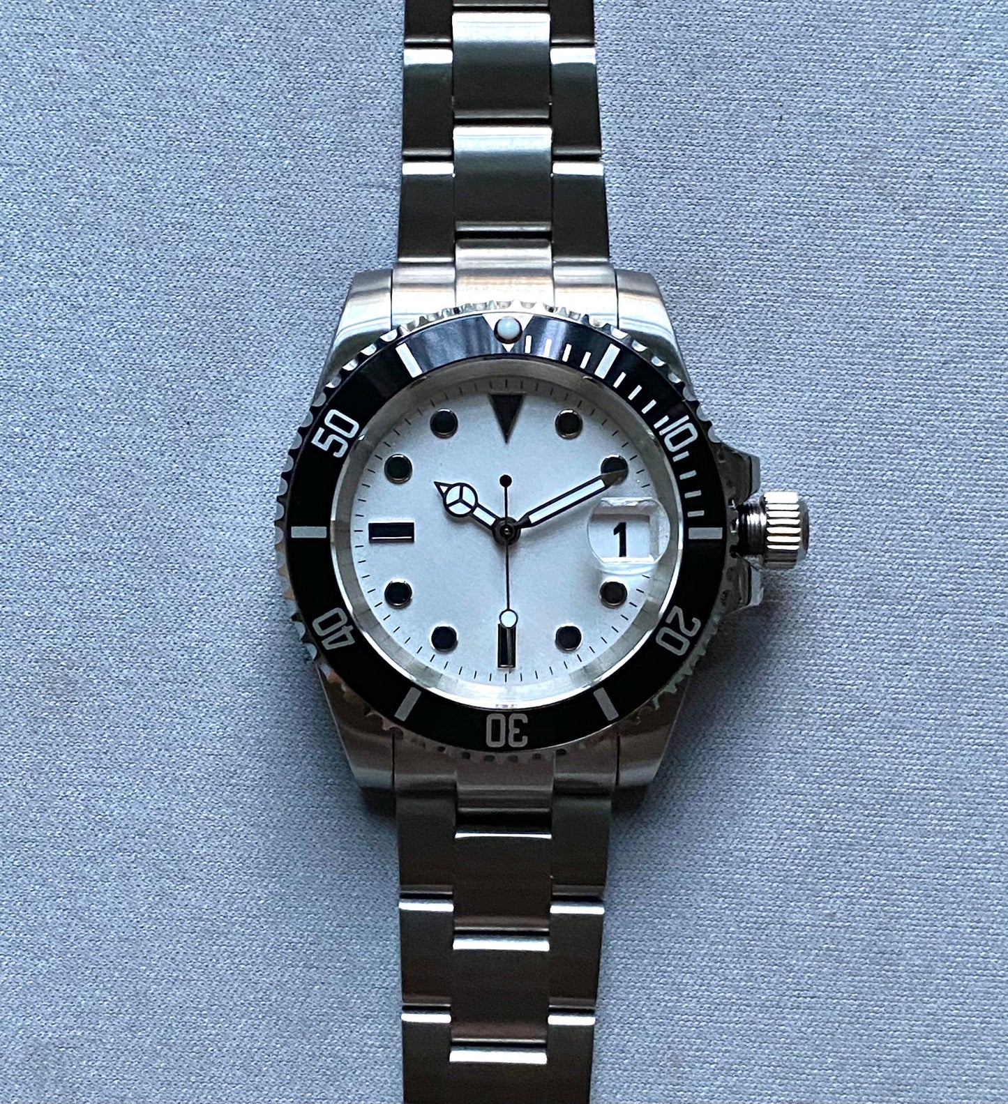 40MM Steel - Submarine Dive Master -  Automatic Watch - White Dial - Panda - glow in the dark