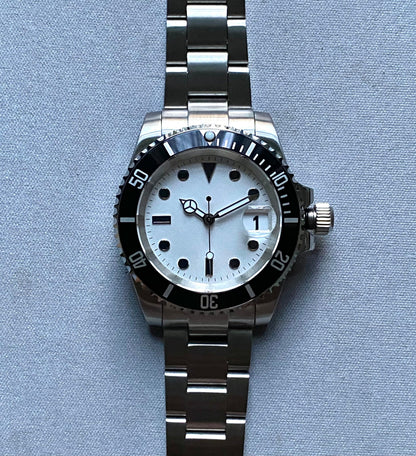 40MM Steel - Submarine Dive Master -  Automatic Watch - White Dial - Panda - glow in the dark