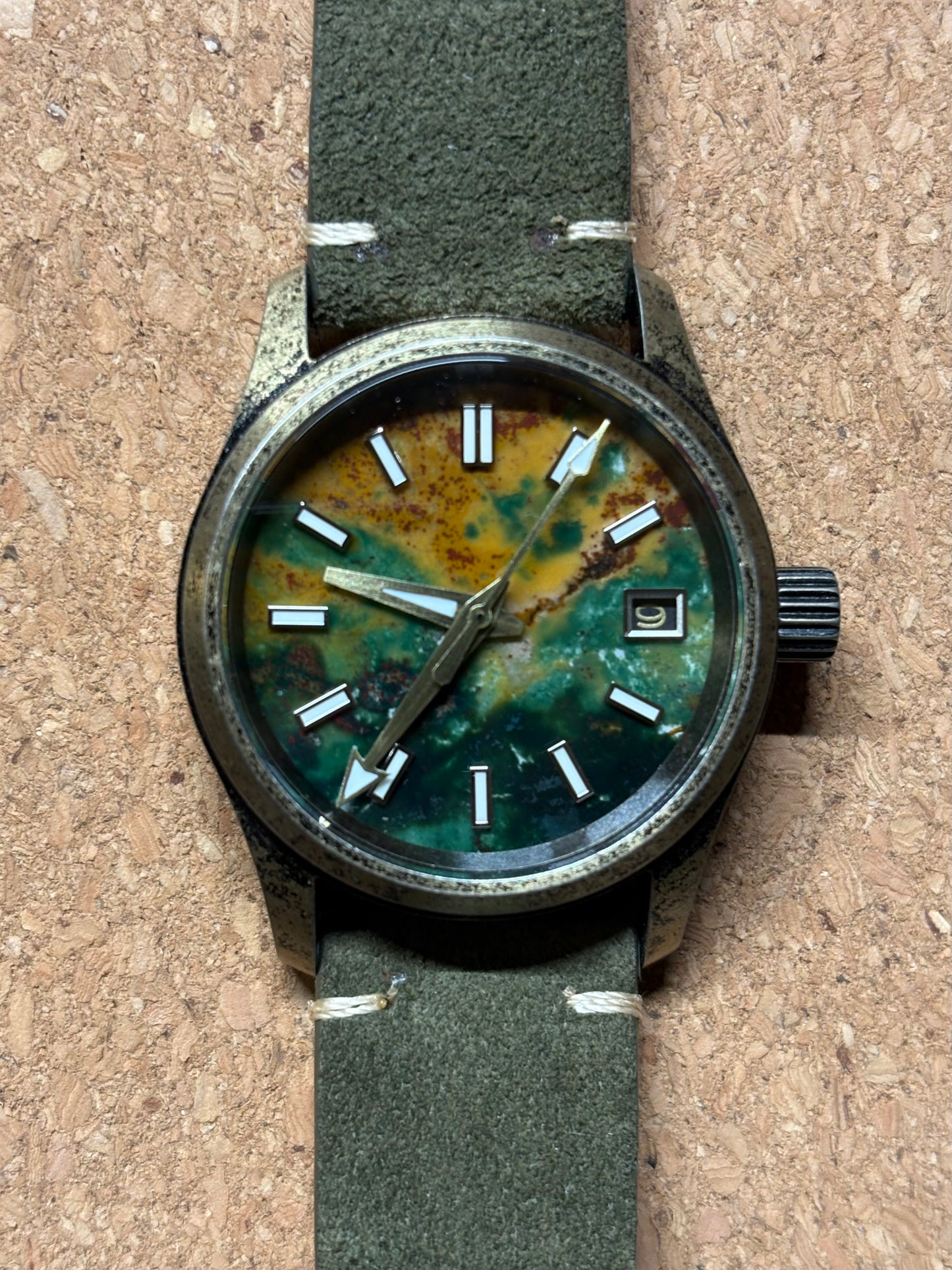 36mm Green Agate Stone Dial — Bronze Case