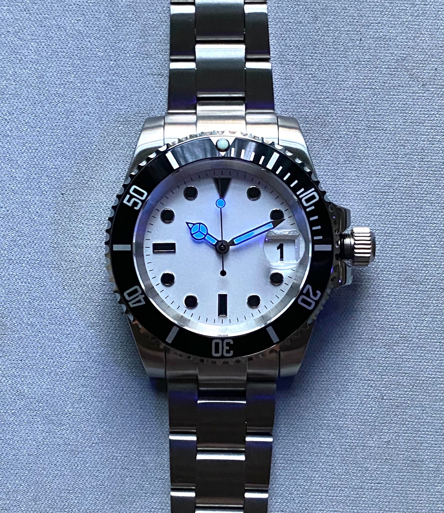 40MM Steel - Submarine Dive Master -  Automatic Watch - White Dial - Panda - glow in the dark