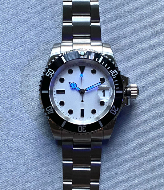 40MM Steel - Submarine Dive Master -  Automatic Watch - White Dial - Panda - glow in the dark