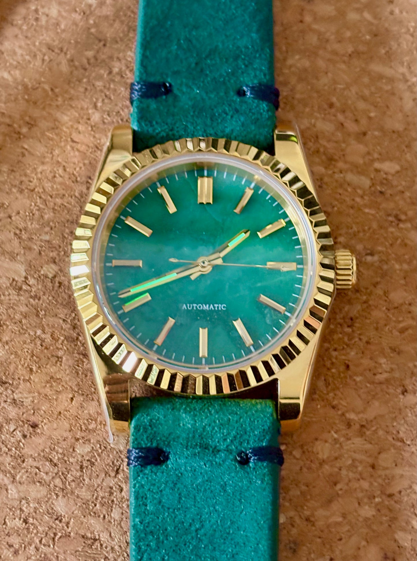 36mm Jade Stone Dial — Gold Fluted Case